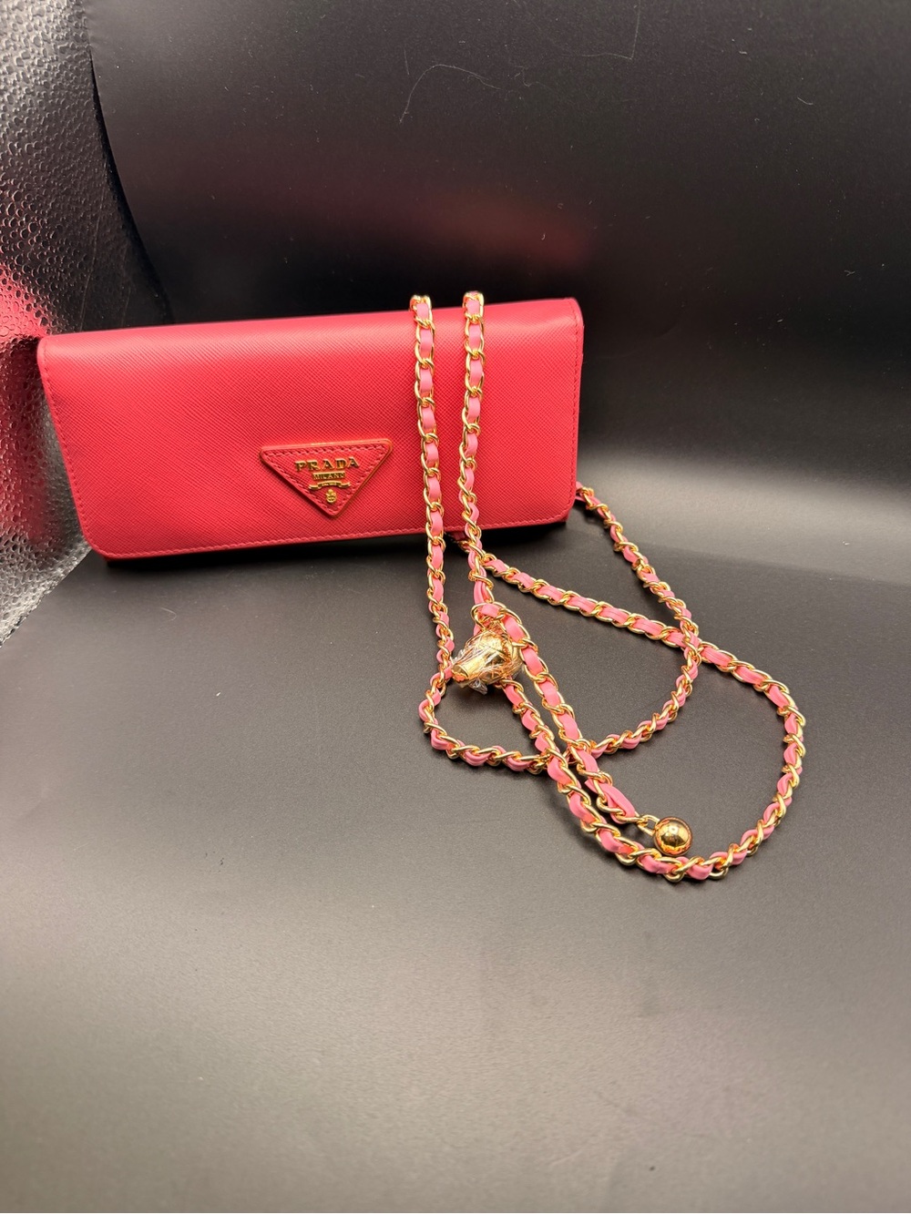 Prada Pink Saffiano Leather Crossbody Wallet with Chain